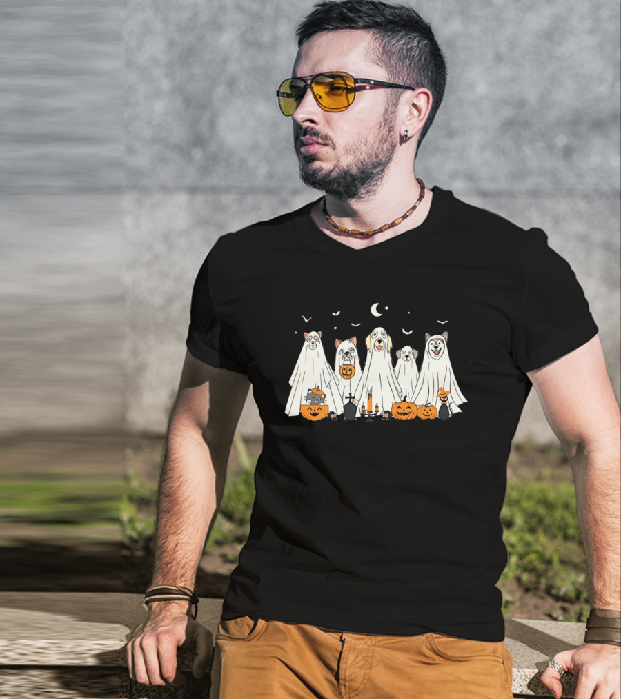 Halloween Ghost Dog Pack With Pumpkins And Moonlit Night T-Shirt