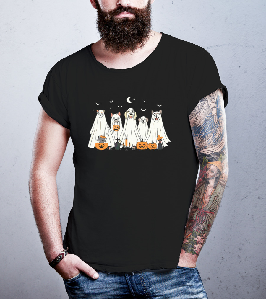 Halloween Ghost Dog Pack With Pumpkins And Moonlit Night T-Shirt