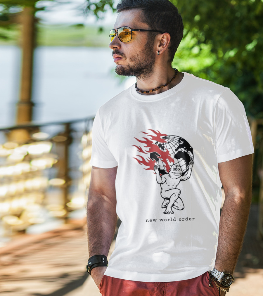 Frog Carrying Burning Earth With Flames New World Order T-Shirt