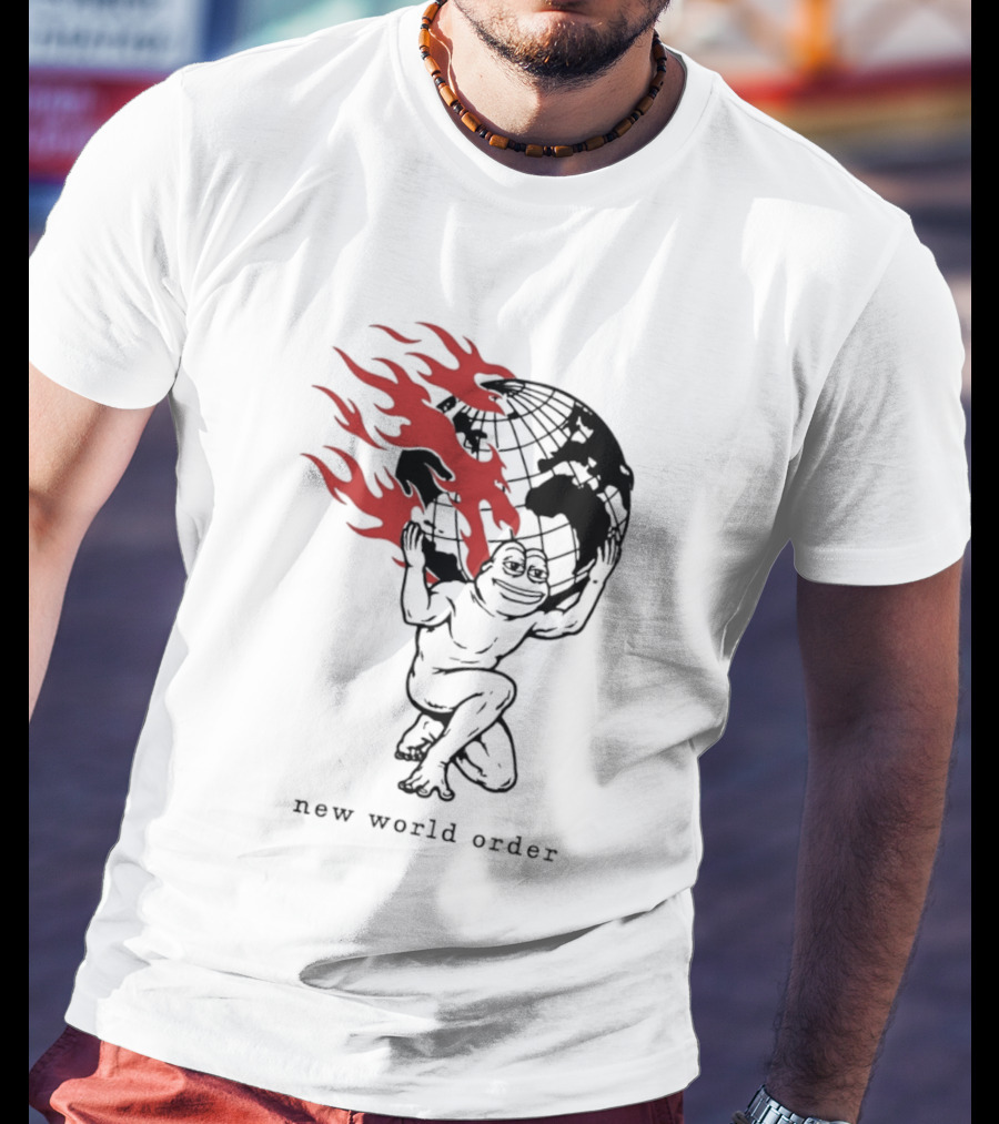 Frog Carrying Burning Earth With Flames New World Order T-Shirt