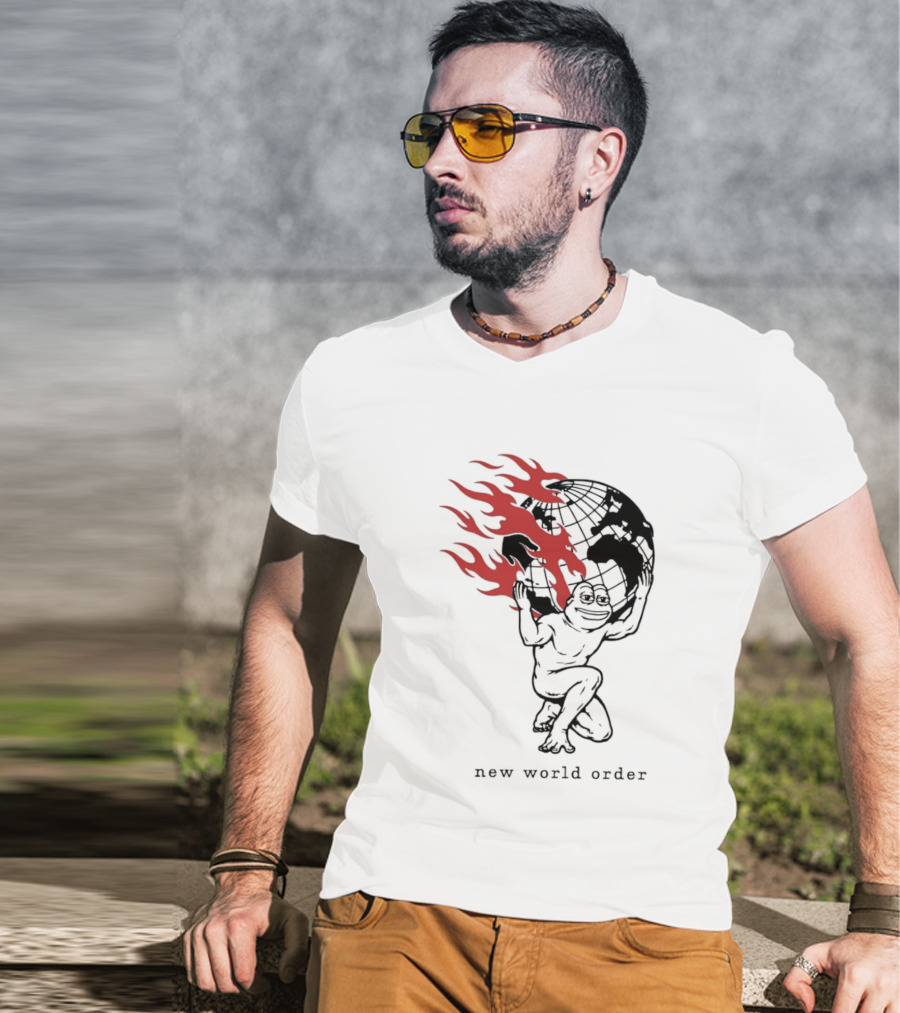 Frog Carrying Burning Earth With Flames New World Order T-Shirt