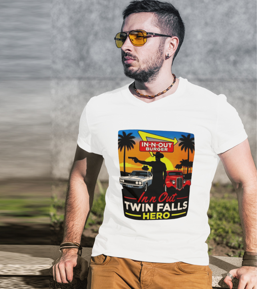 In N Out Burger Twin Falls Hero Sunset Cars Palms 2026 T-Shirt