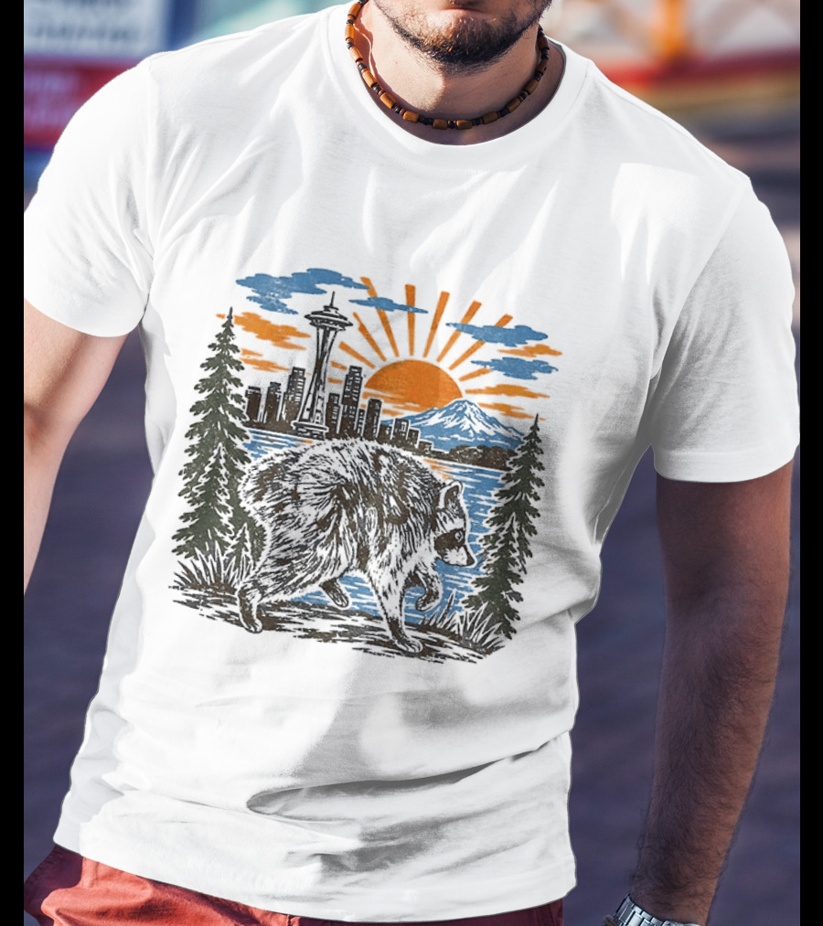 Raccoon Jimothy Seattle Skyline Sunset With Space Needle T-Shirt
