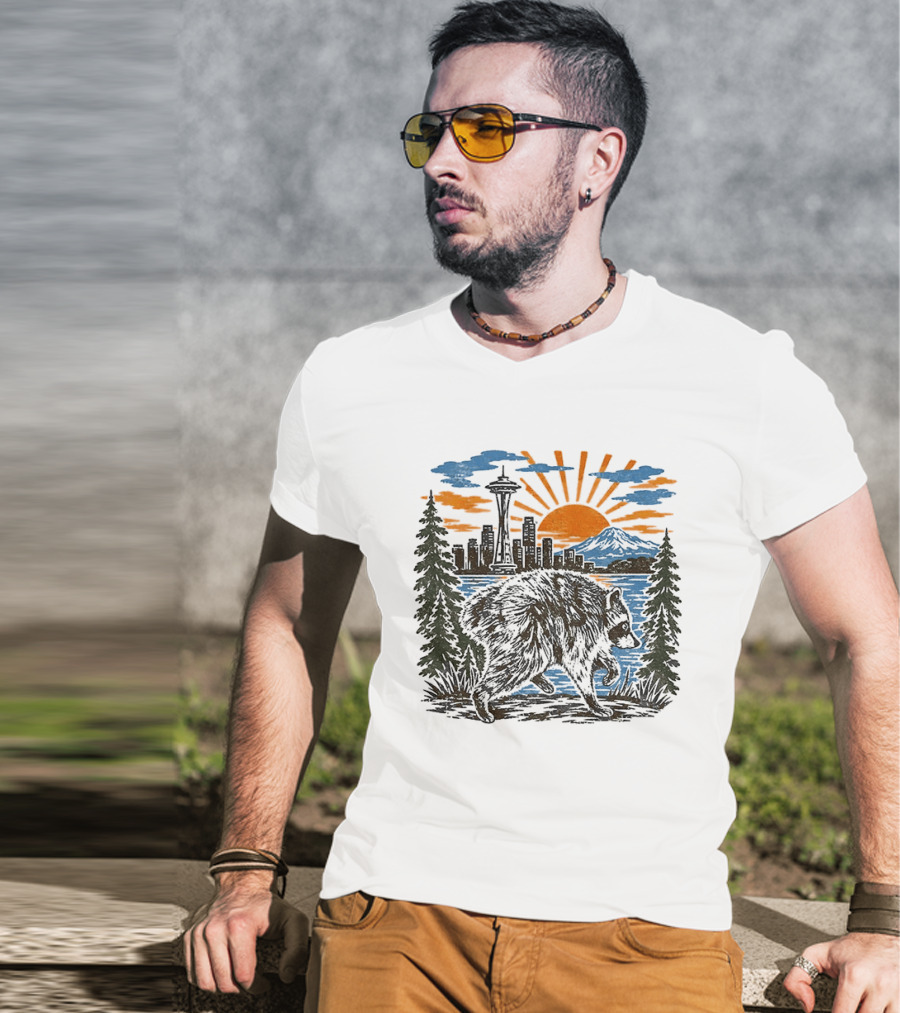 Raccoon Jimothy Seattle Skyline Sunset With Space Needle T-Shirt