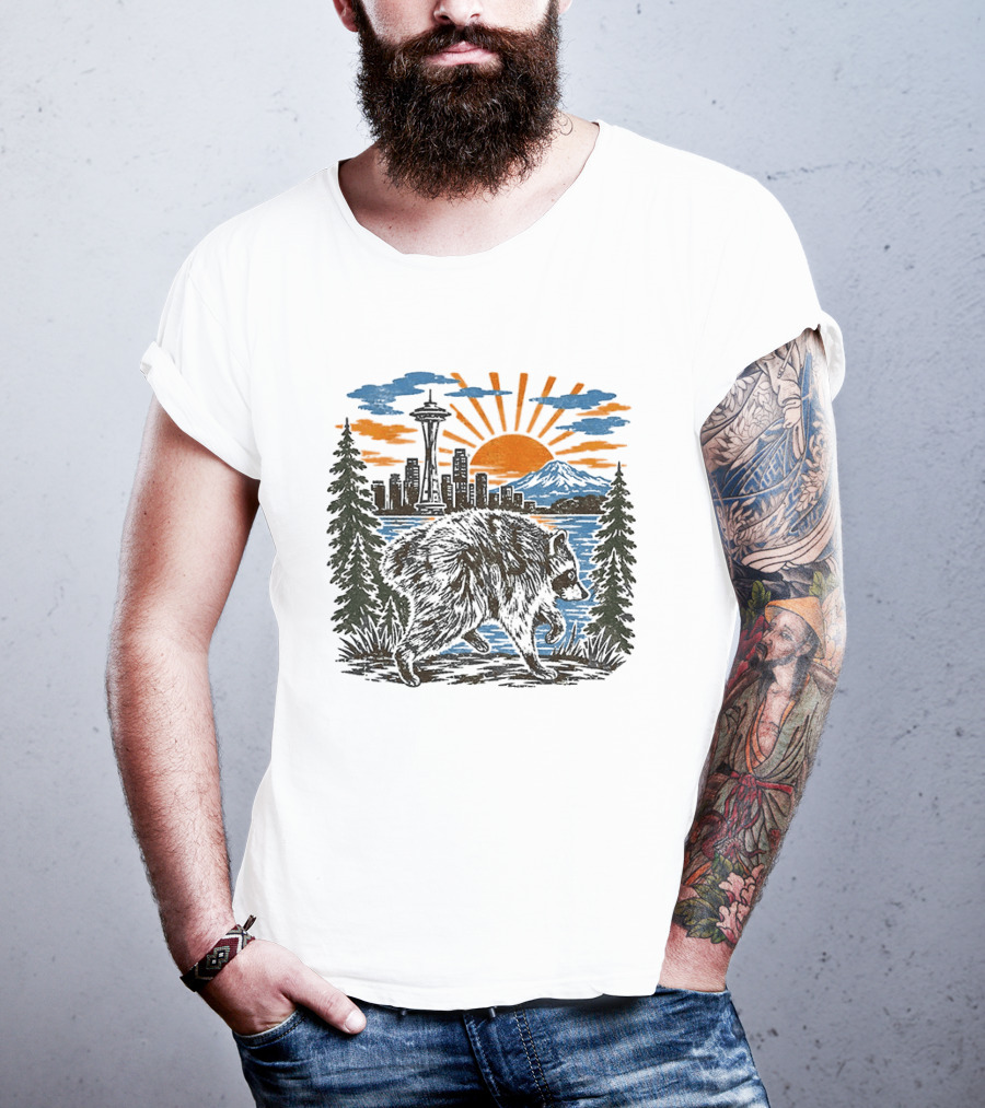 Raccoon Jimothy Seattle Skyline Sunset With Space Needle T-Shirt