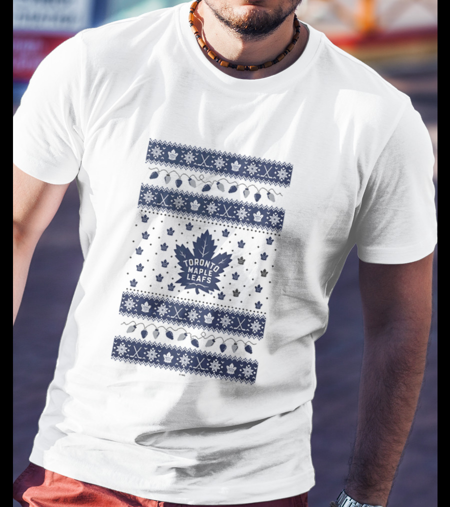 Toronto Maple Leafs Holiday Lights Festive Pattern Leafs Logo Snowflakes T-Shirt