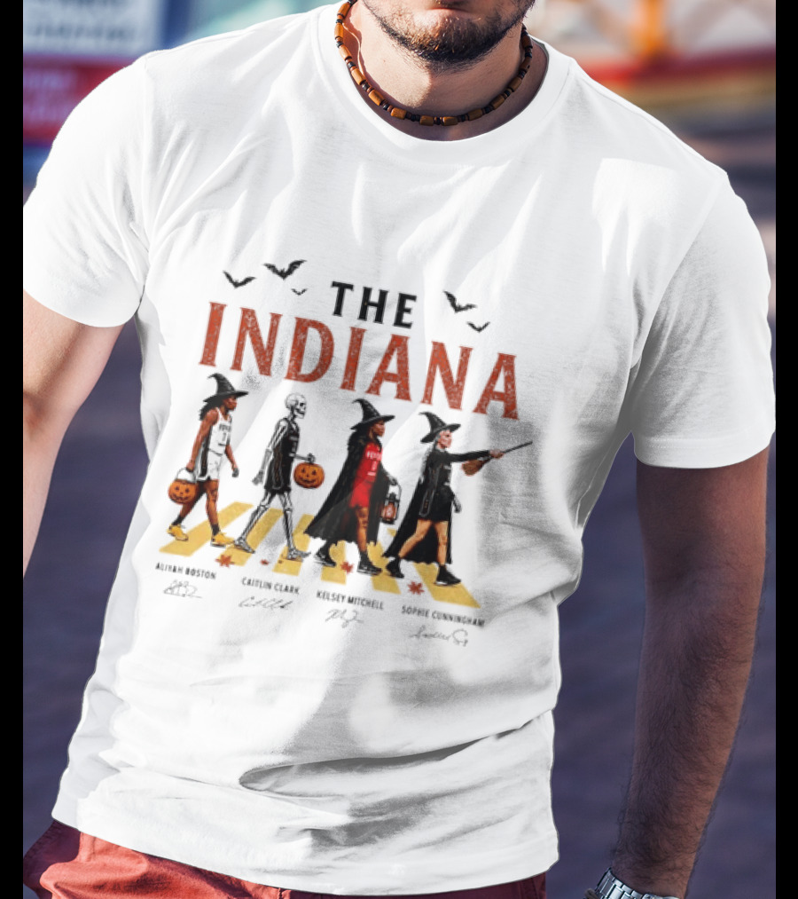 The Indiana Fever WNBA Aliyah Boston Caitlin Clark Kelsey Mitchell Sophie Cunningham Halloween Crosswalk Skeleton Witches Pumpkin T-Shirt