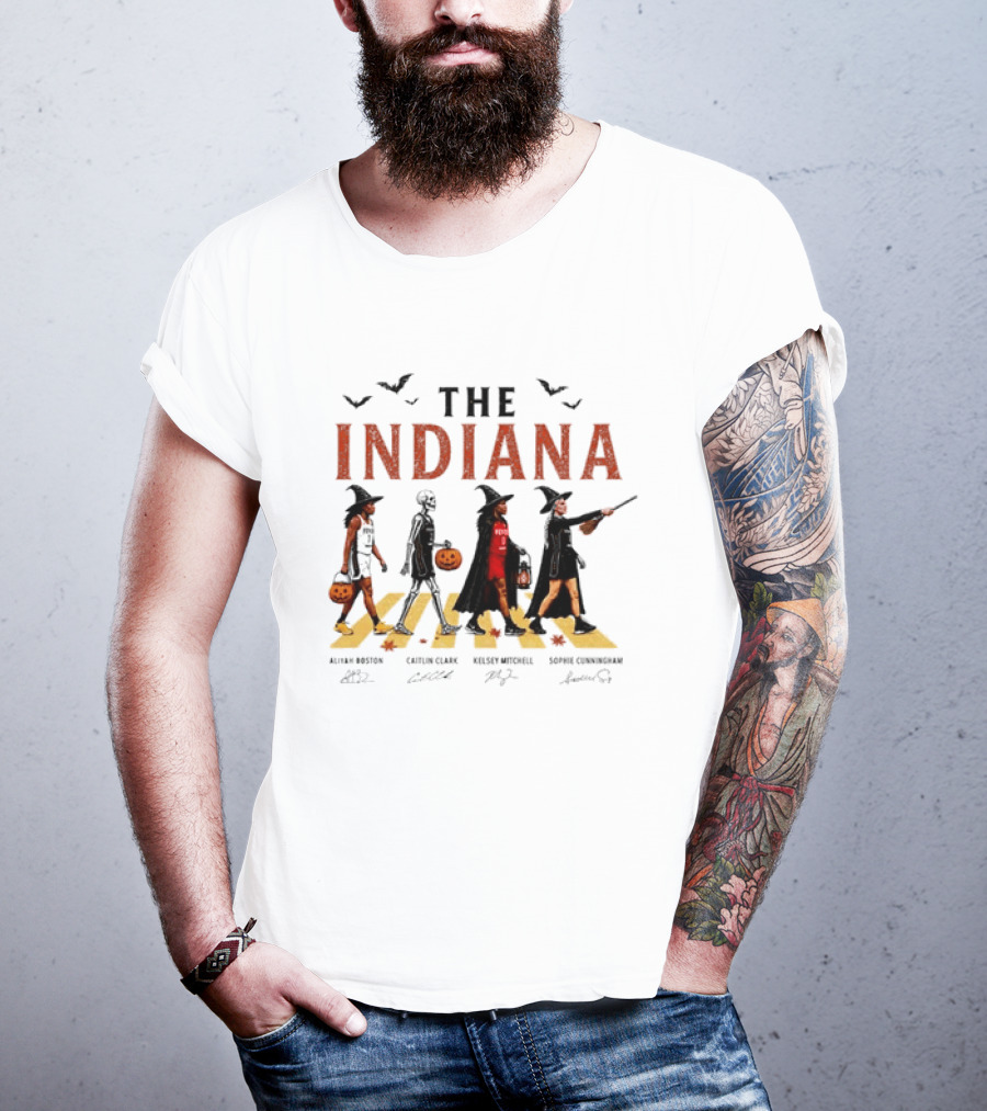 The Indiana Fever WNBA Aliyah Boston Caitlin Clark Kelsey Mitchell Sophie Cunningham Halloween Crosswalk Skeleton Witches Pumpkin T-Shirt
