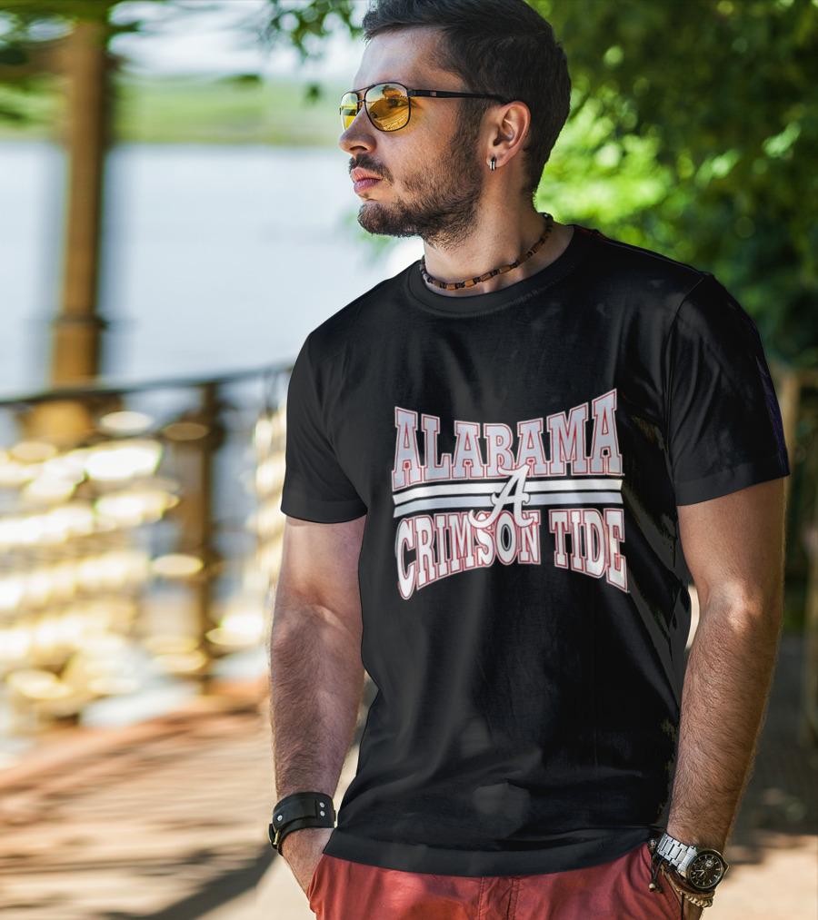 Alabama Crimson Tide Script A Curved Stripes Block Lettering T-Shirt