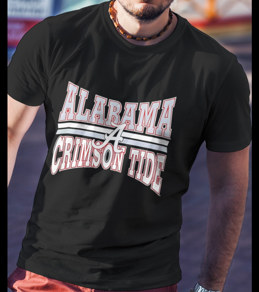 Alabama Crimson Tide Script A Curved Stripes Block Lettering T-Shirt