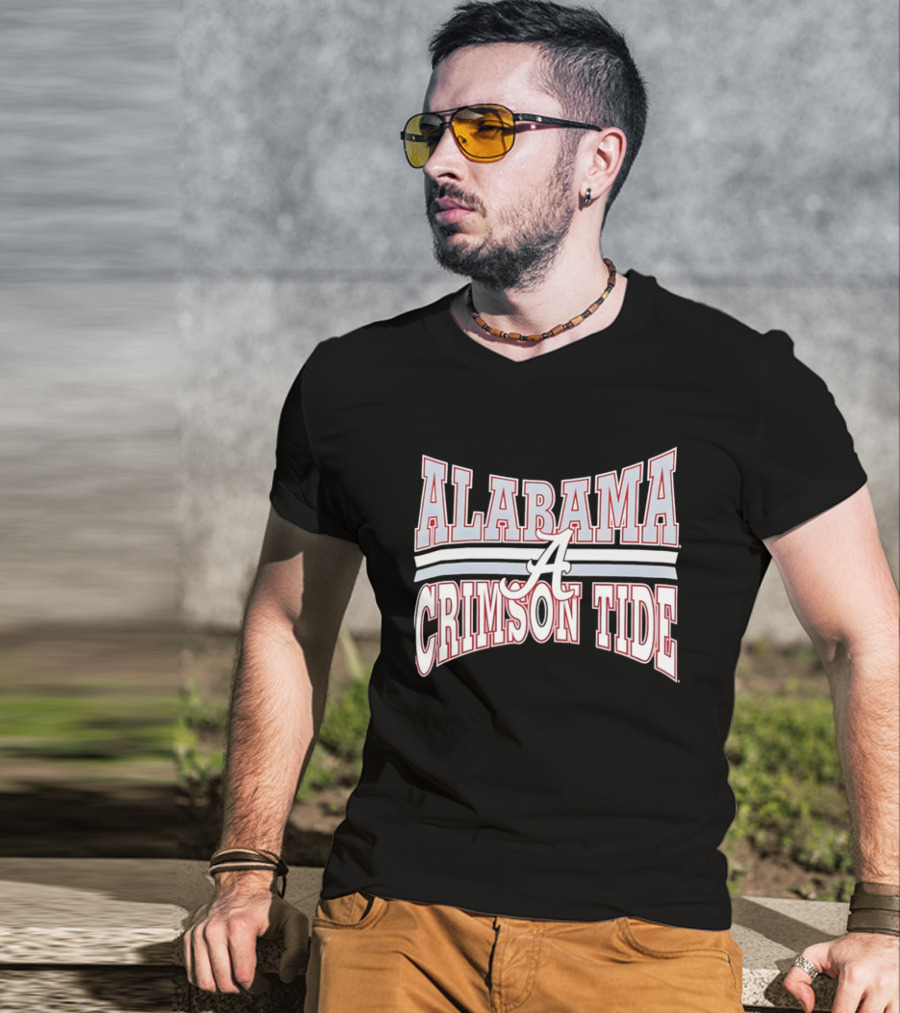 Alabama Crimson Tide Script A Curved Stripes Block Lettering T-Shirt