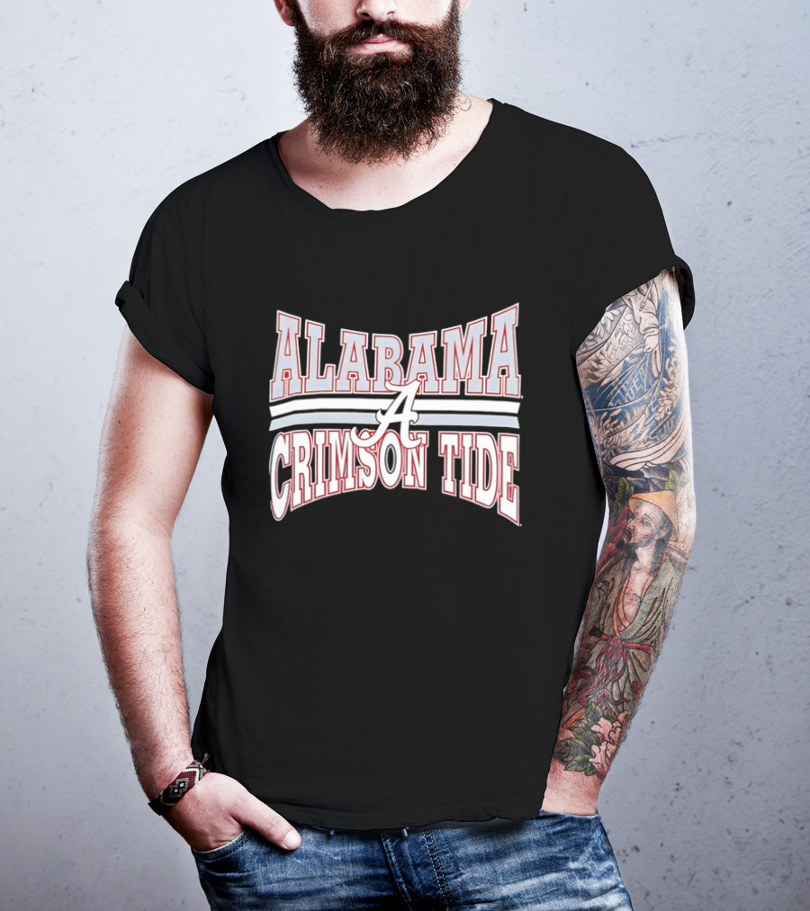 Alabama Crimson Tide Script A Curved Stripes Block Lettering T-Shirt