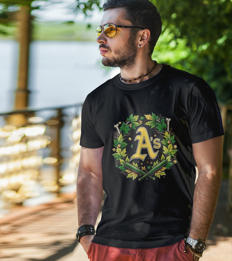 A's Halloween Maple Leaves Skull Crossed Bats Baseballs T-Shirt