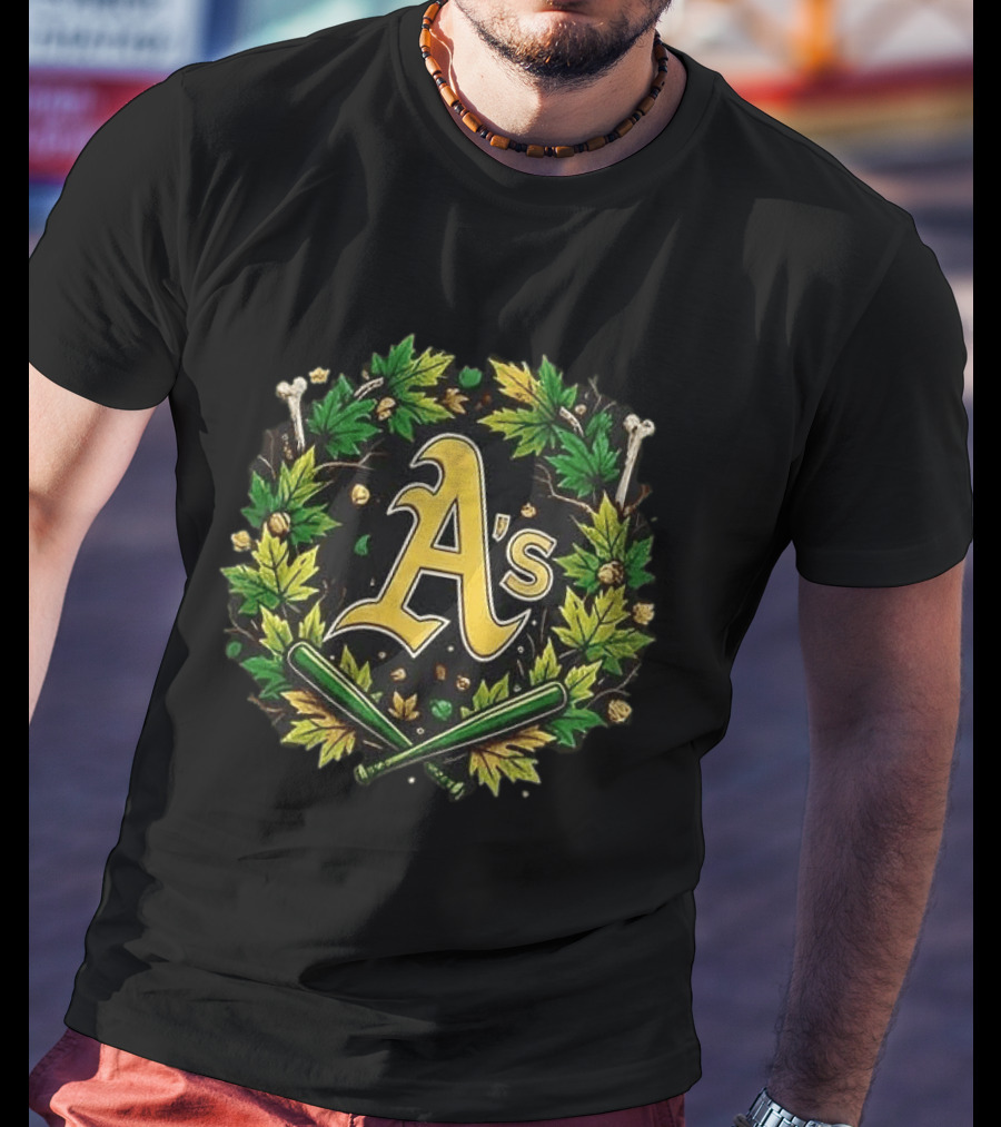 A's Halloween Maple Leaves Skull Crossed Bats Baseballs T-Shirt