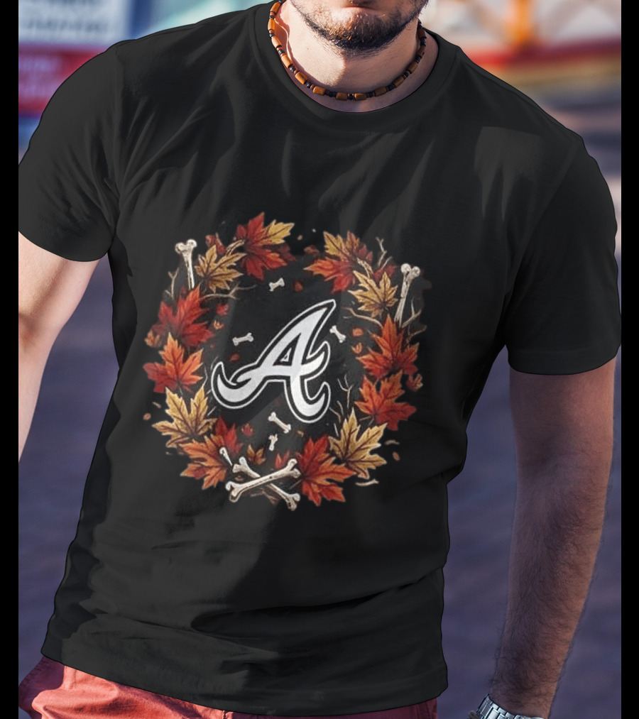 Atlanta Braves Halloween Maple Leaves Skull Bones Crossed Bats T-Shirt