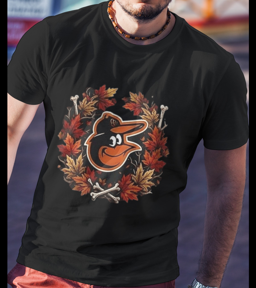 Baltimore Orioles Halloween Maple Leaves Skull Crossed Bats Baseballs T-Shirt