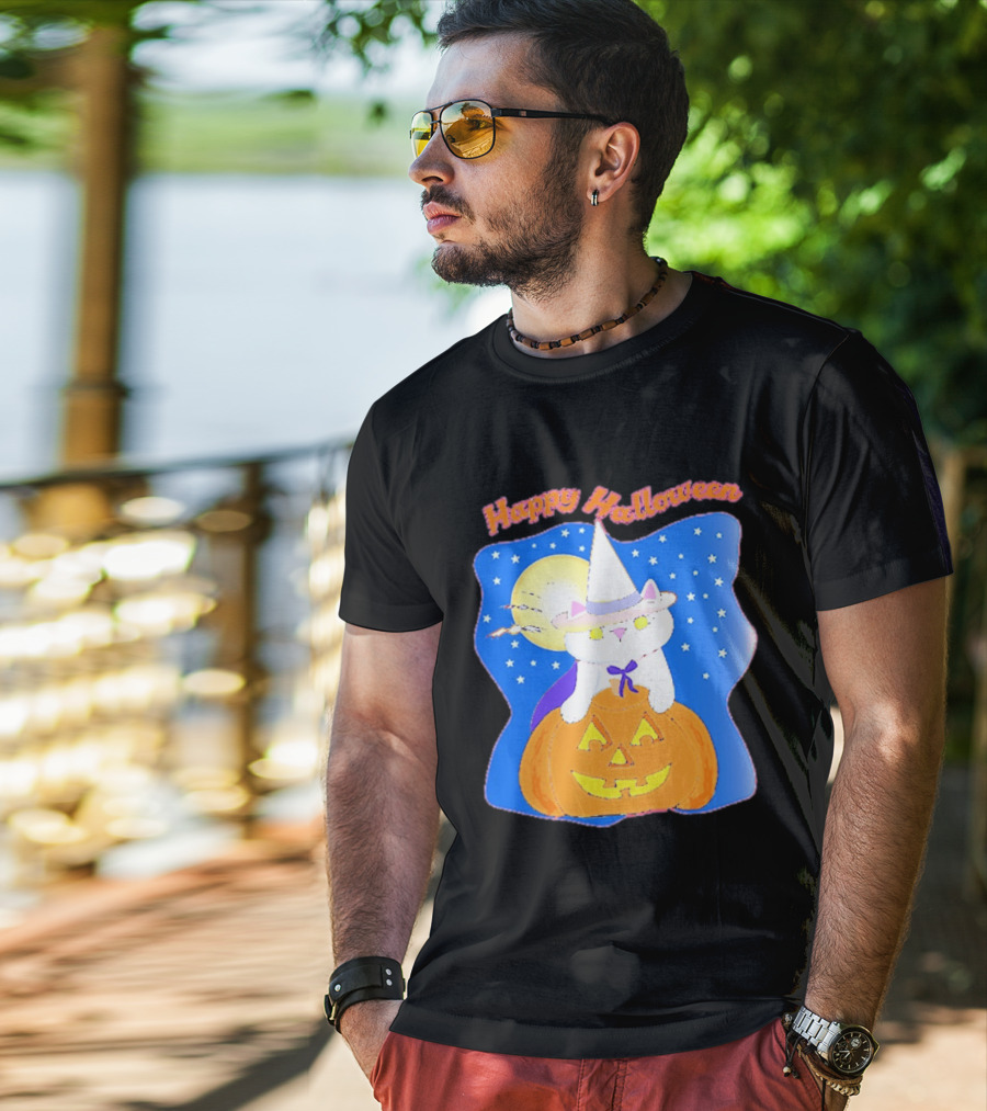 Happy Halloween Cat Witch On Pumpkin With Full Moon And Stars T-Shirt