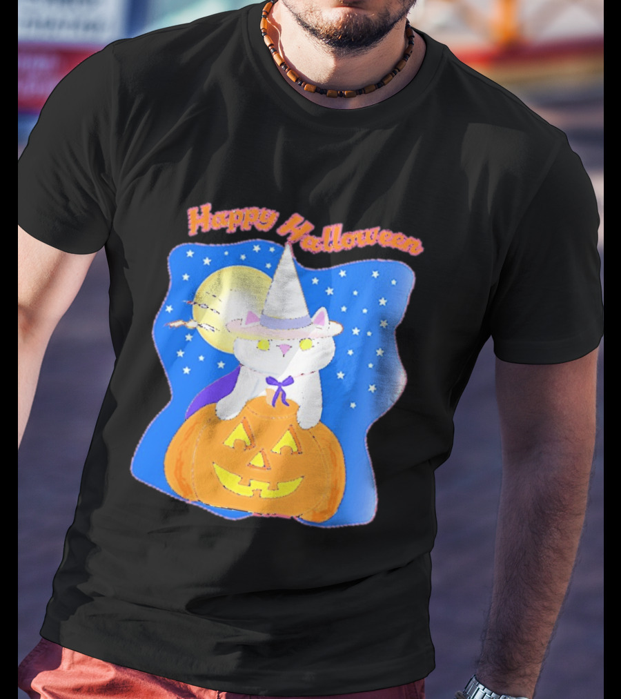 Happy Halloween Cat Witch On Pumpkin With Full Moon And Stars T-Shirt