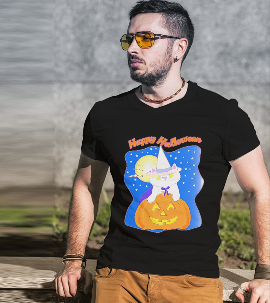Happy Halloween Cat Witch On Pumpkin With Full Moon And Stars T-Shirt