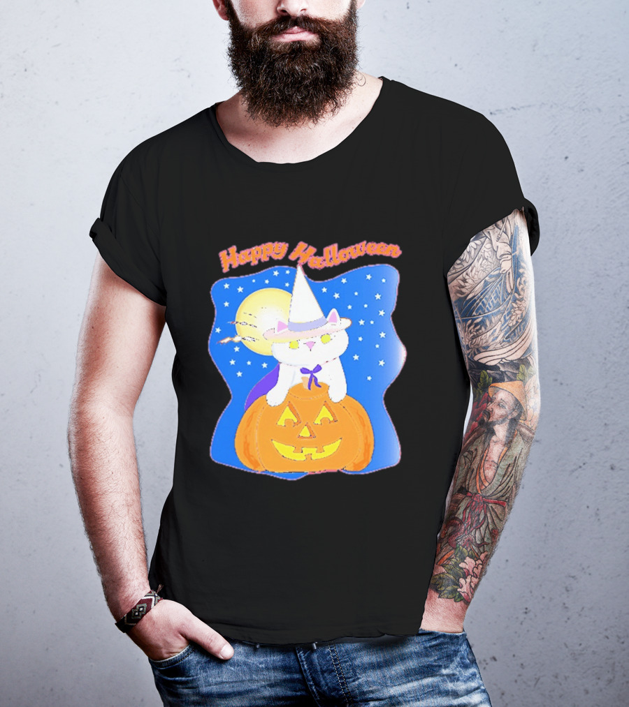 Happy Halloween Cat Witch On Pumpkin With Full Moon And Stars T-Shirt