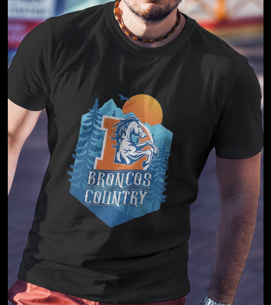 Denver Broncos Country Logo Football Mountain Sunset T-Shirt