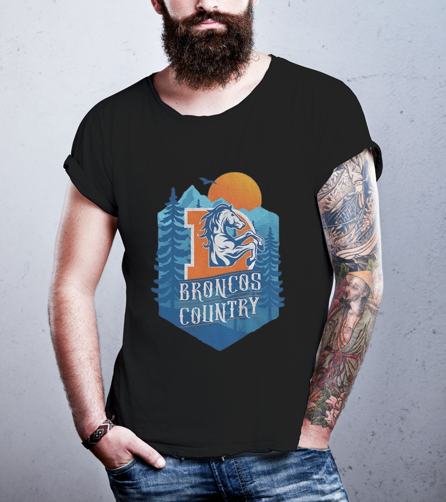 Denver Broncos Country Logo Football Mountain Sunset T-Shirt
