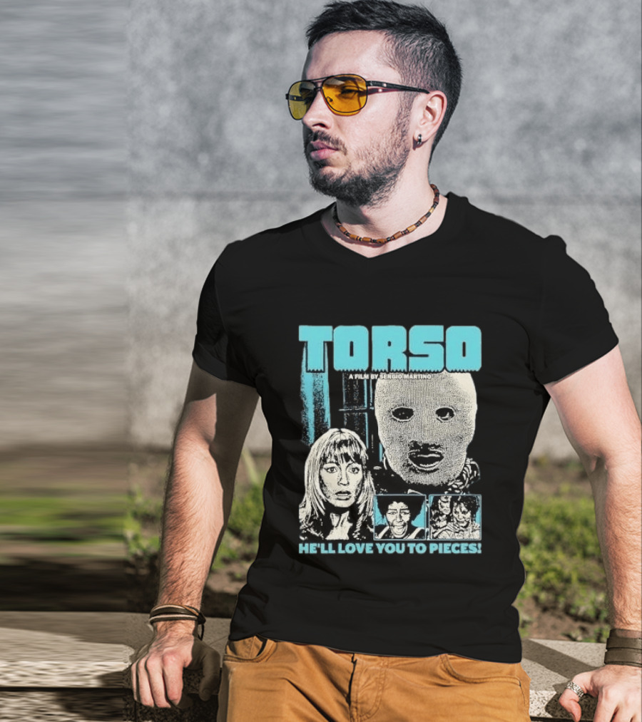 TORSO A Film By Sergio Martino He'll Love You To Pieces Masked Killer Scared Woman Halftone Horror T-Shirt