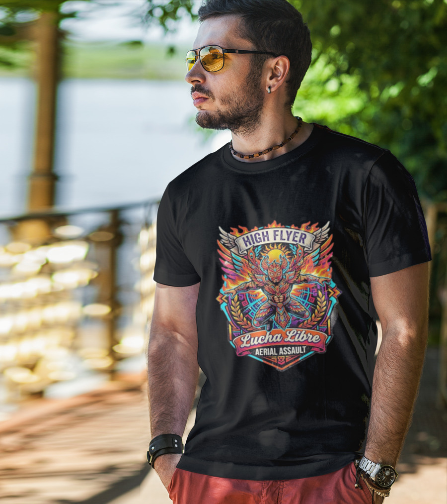 High Flyer Lucha Libre Aerial Assault Winged Masked Wrestler Sun Flames T-Shirt