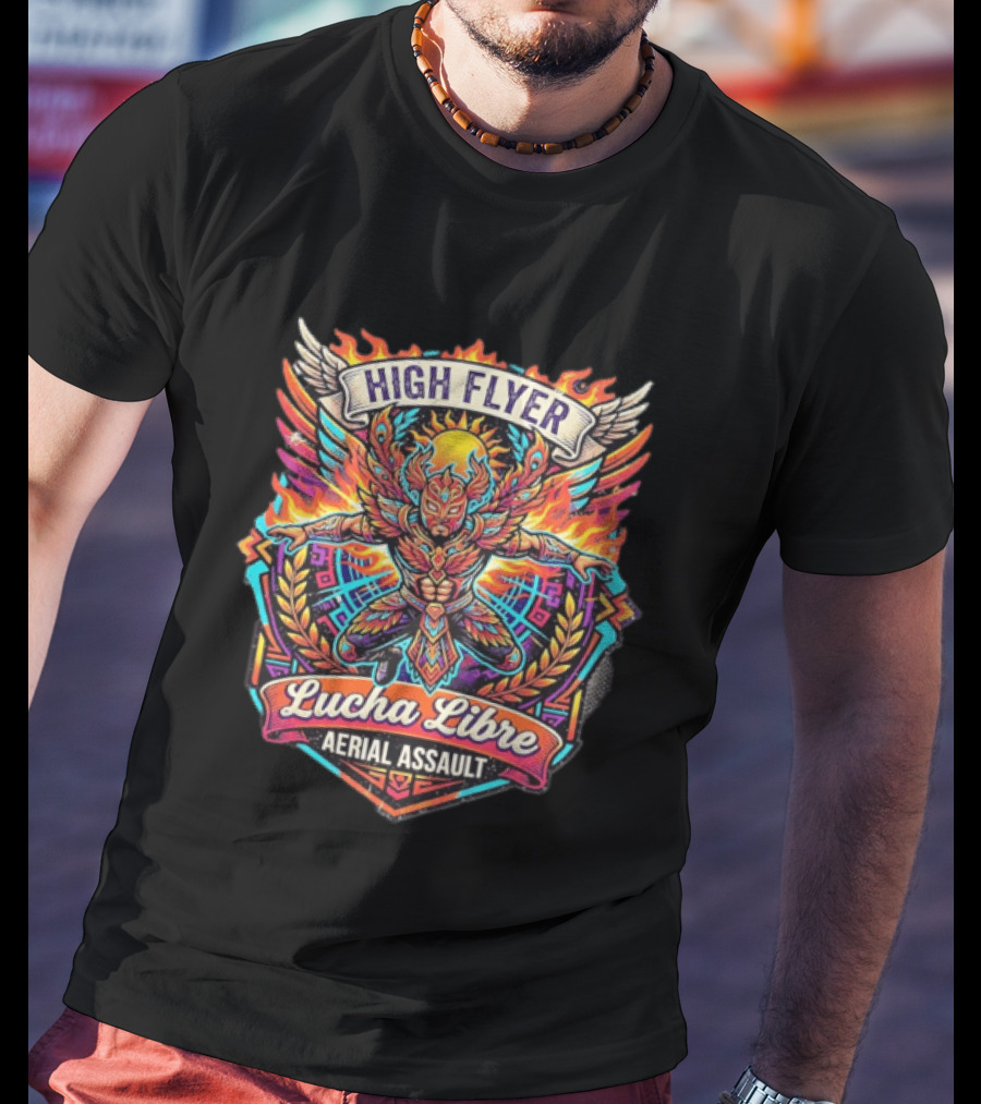 High Flyer Lucha Libre Aerial Assault Winged Masked Wrestler Sun Flames T-Shirt
