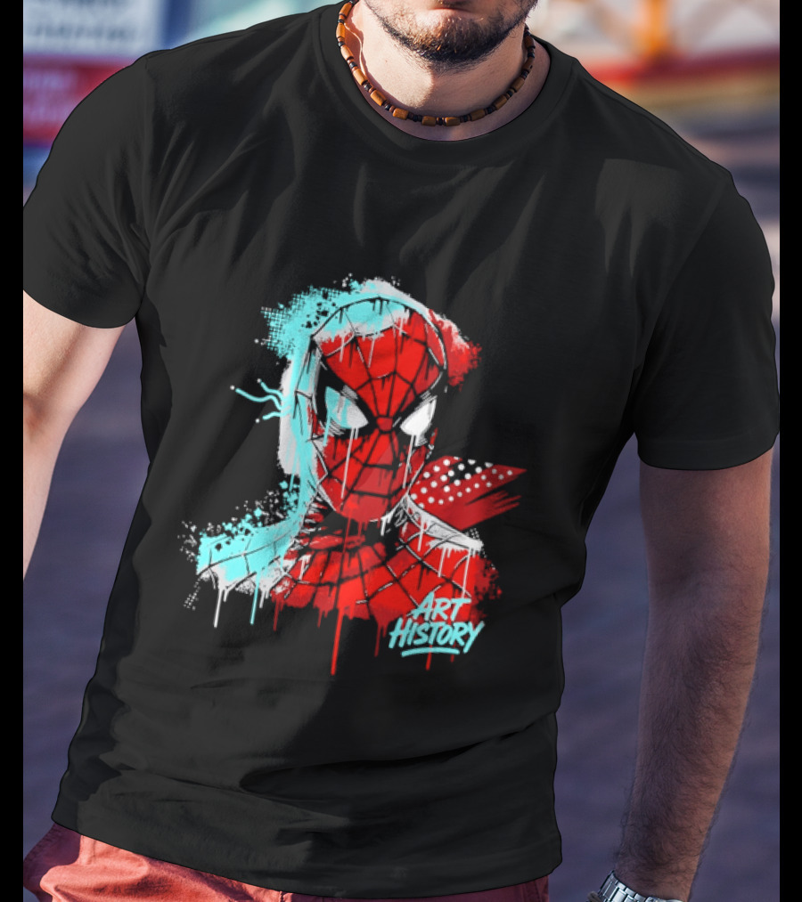 Spider Man Mask Dripping Paint Graffiti Art History Halftone Splatter T-Shirt