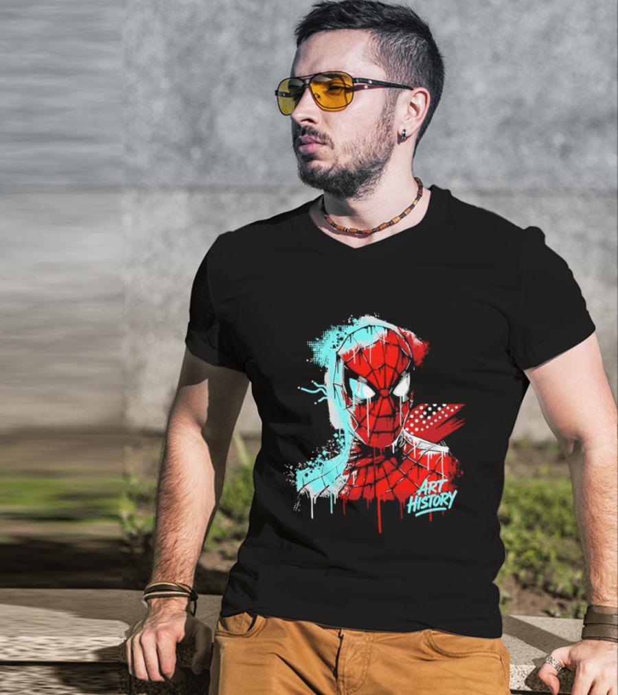 Spider Man Mask Dripping Paint Graffiti Art History Halftone Splatter T-Shirt