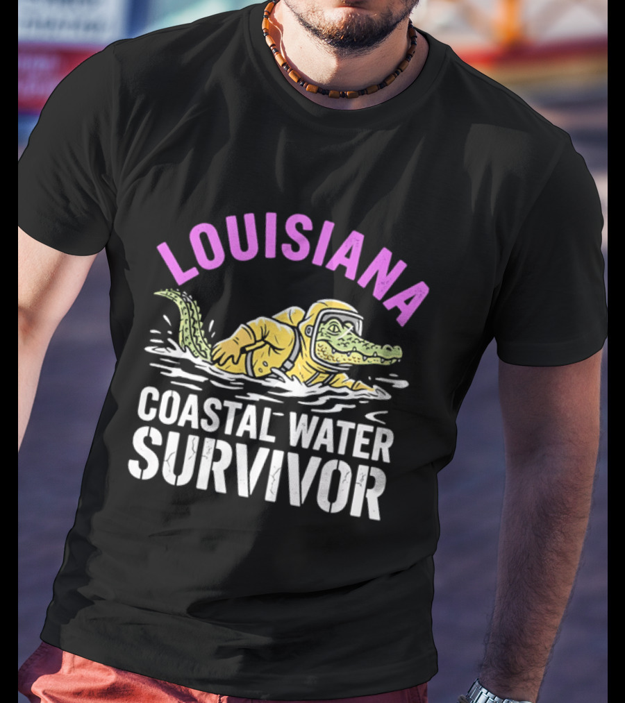 Louisiana Coastal Water Survivor Cartoon Alligator Yellow Hazmat Suit T-Shirt