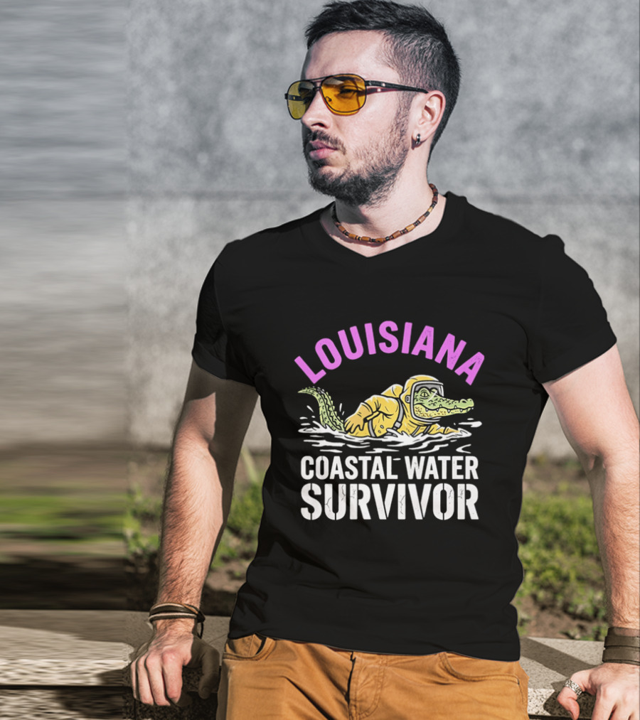 Louisiana Coastal Water Survivor Cartoon Alligator Yellow Hazmat Suit T-Shirt