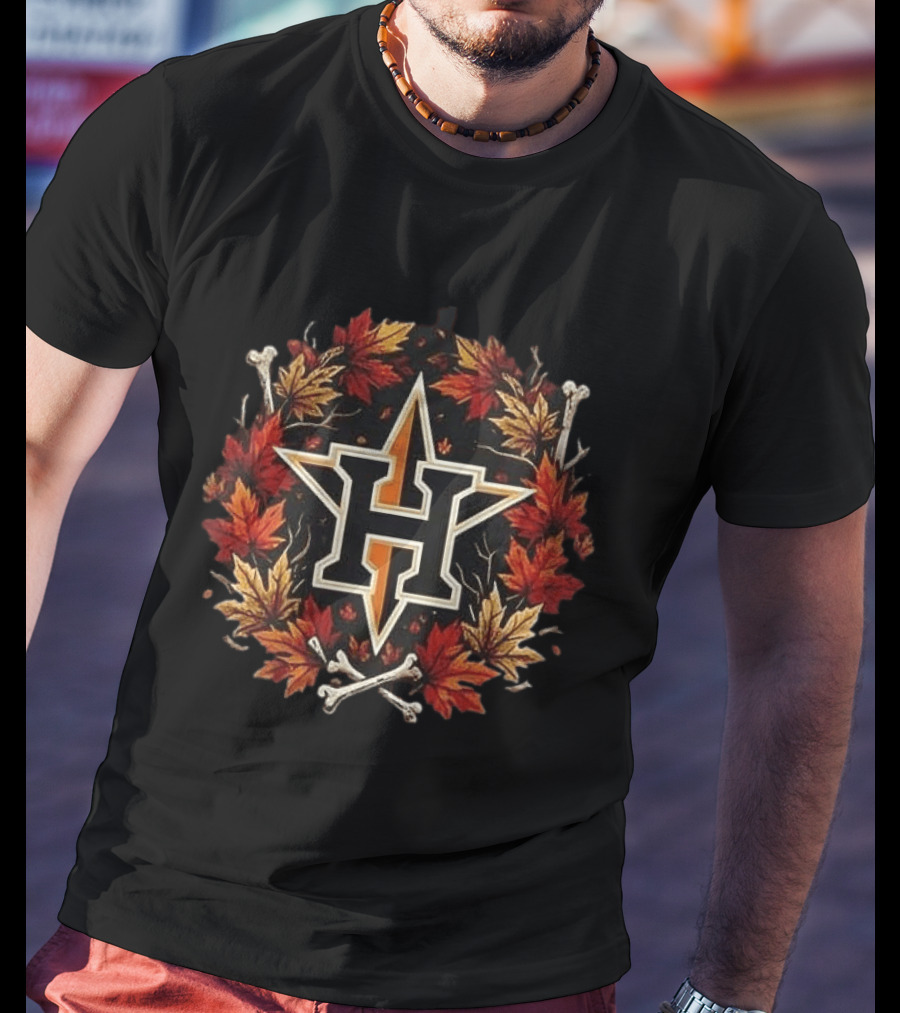 Houston Astros Halloween Maple Leaves Skull Crossed Bats Baseballs T-Shirt
