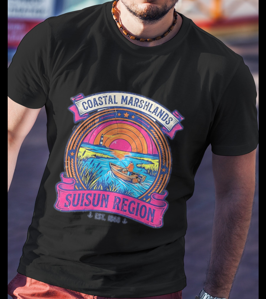 Coastal Marshlands Suisun Region Established 1868 Distressed Sunset Lighthouse Fisherman Boat Marsh T-Shirt