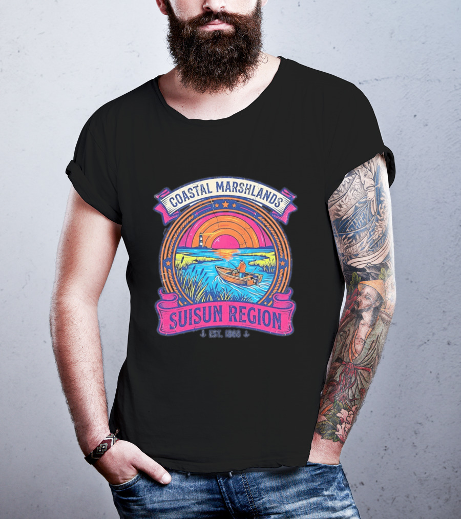 Coastal Marshlands Suisun Region Established 1868 Distressed Sunset Lighthouse Fisherman Boat Marsh T-Shirt