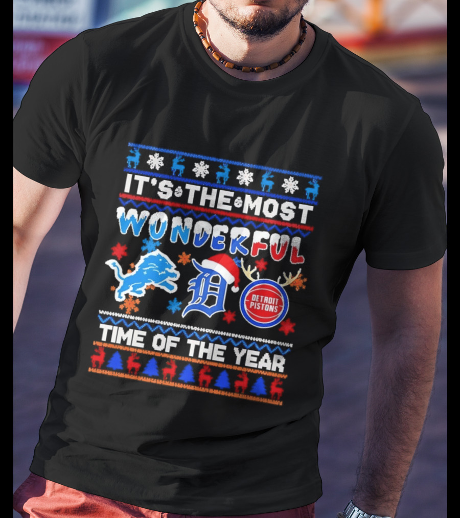 Detroit Lions And Pistons Christmas 2026 It's The Most Wonderful Time Of The Year T-Shirt