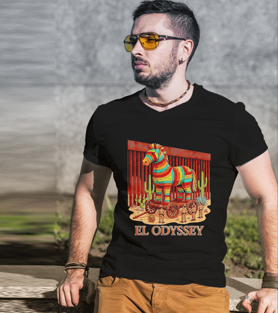 El Odyssey Piñata Horse Statue At Border With Cacti And Soldiers T-Shirt