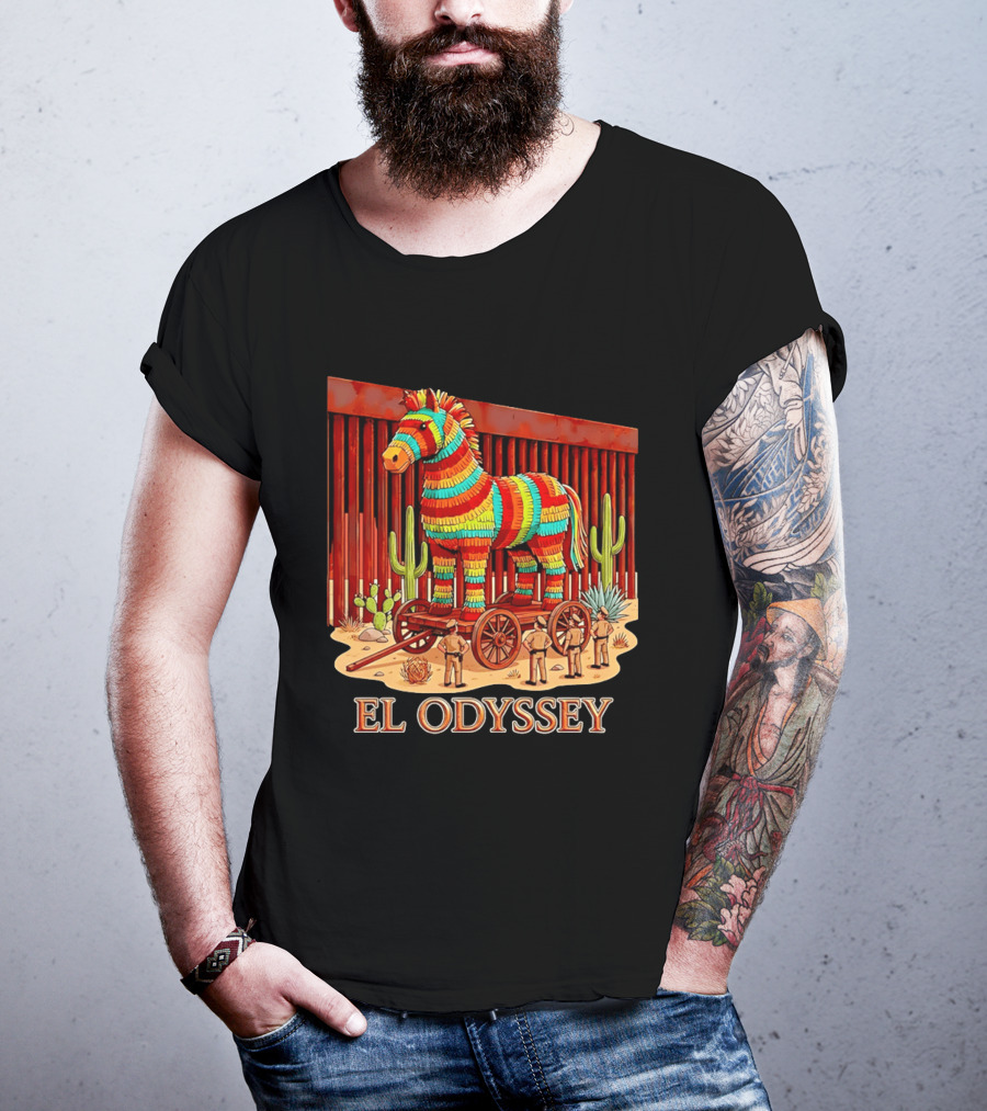 El Odyssey Piñata Horse Statue At Border With Cacti And Soldiers T-Shirt