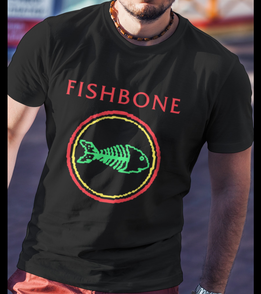 Fishbone Red Text Green Fish Skeleton Yellow Circular Frame T-Shirt