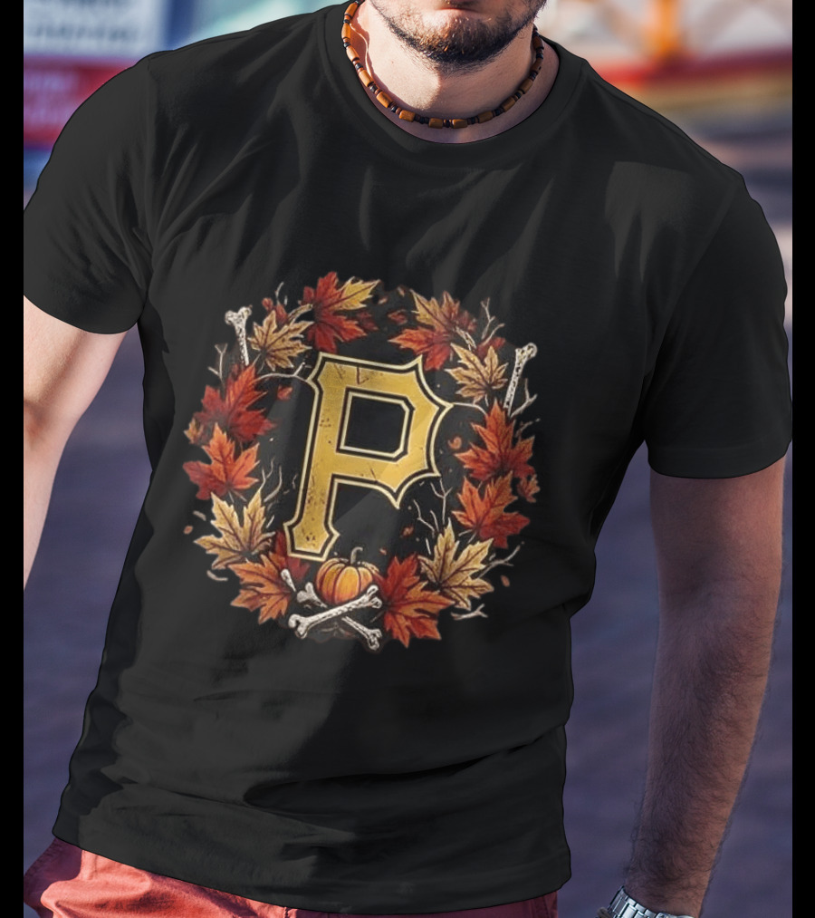 Pittsburgh Pirates Halloween P Maple Leaves Pumpkin Crossed Bones T-Shirt