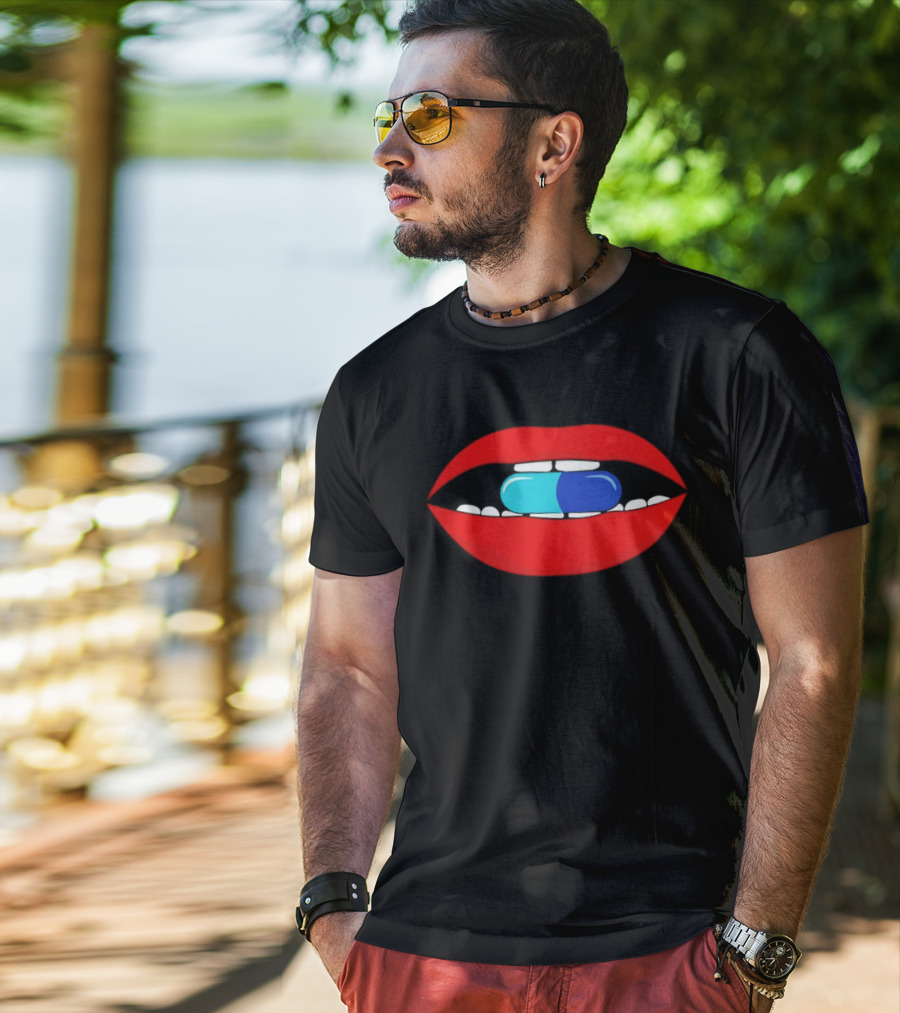Red Lips Blue And Cyan Pill Bite T-Shirt