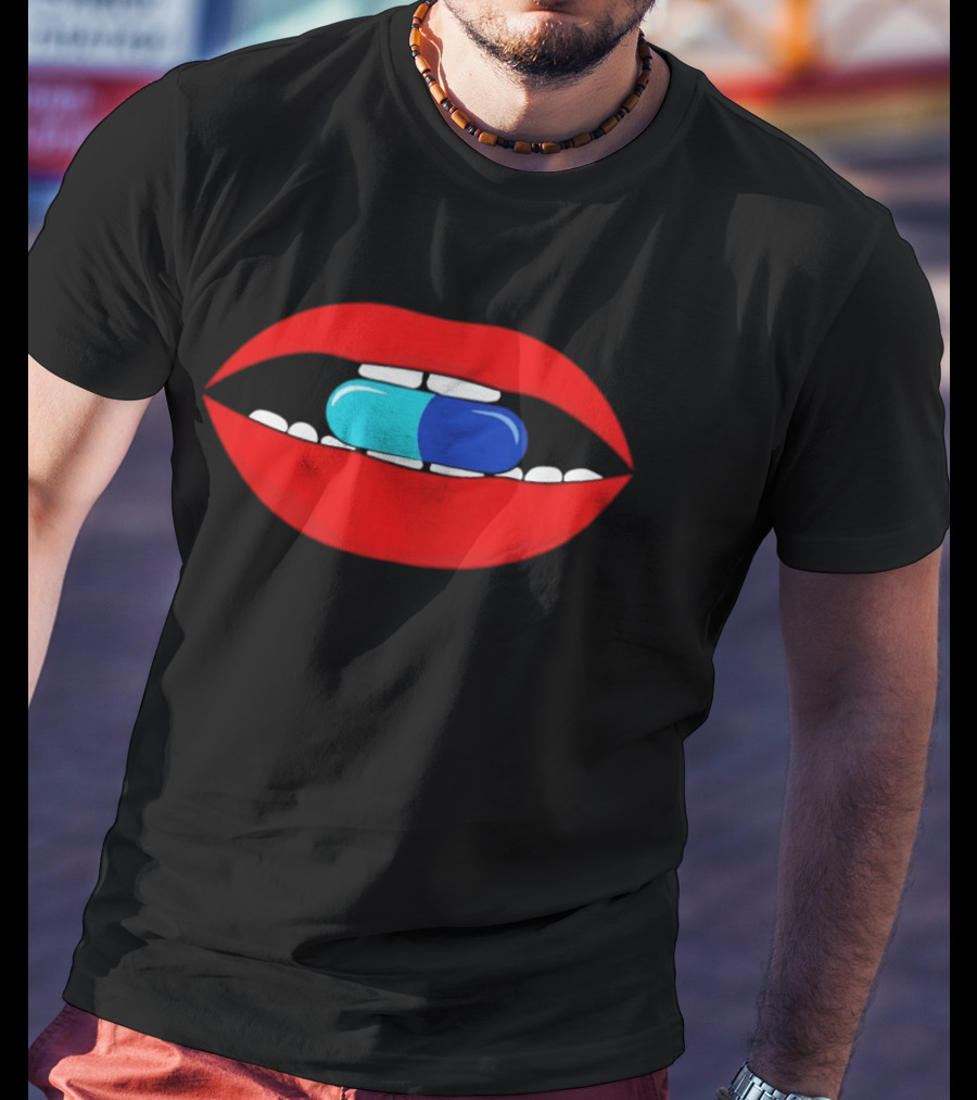 Red Lips Blue And Cyan Pill Bite T-Shirt