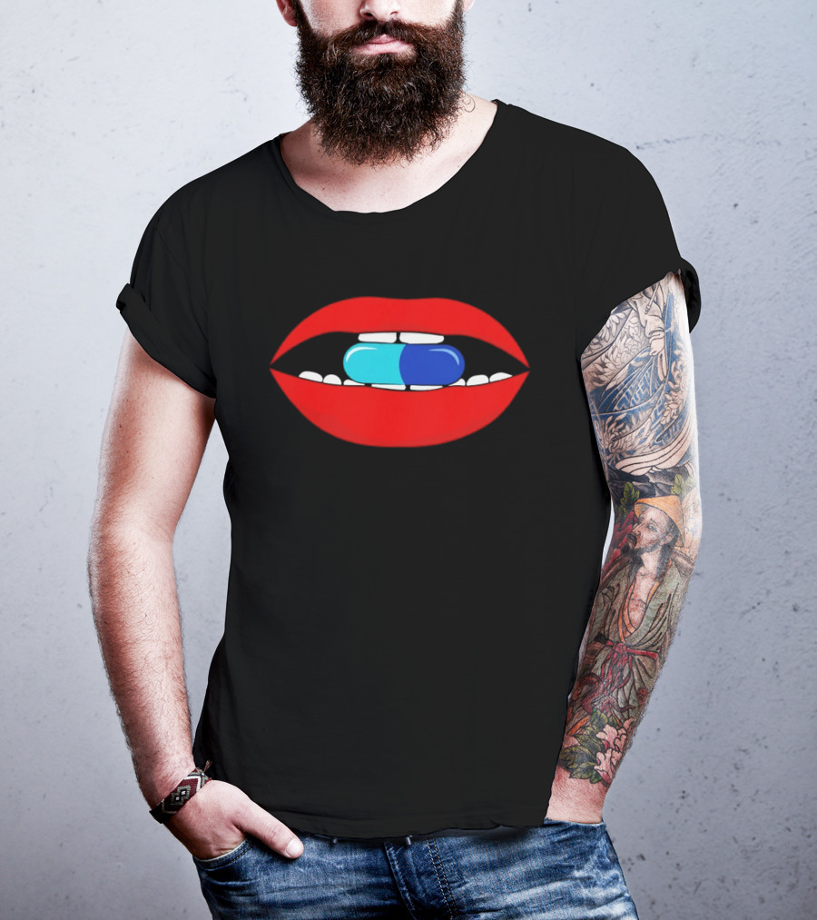 Red Lips Blue And Cyan Pill Bite T-Shirt