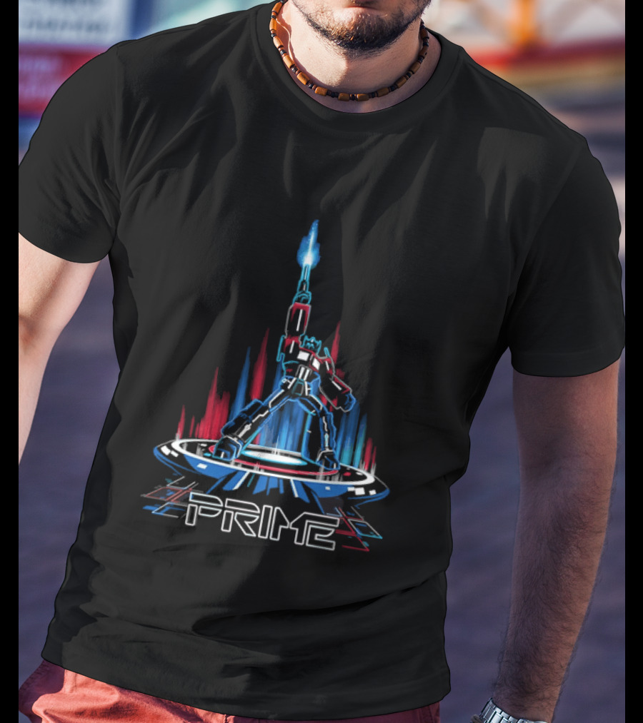 Prime Neon Robot Raising Glowing Light Beam Circular Platform T-Shirt