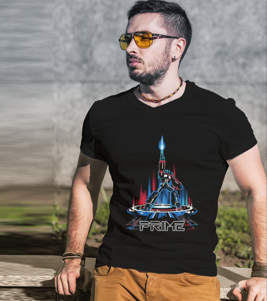 Prime Neon Robot Raising Glowing Light Beam Circular Platform T-Shirt