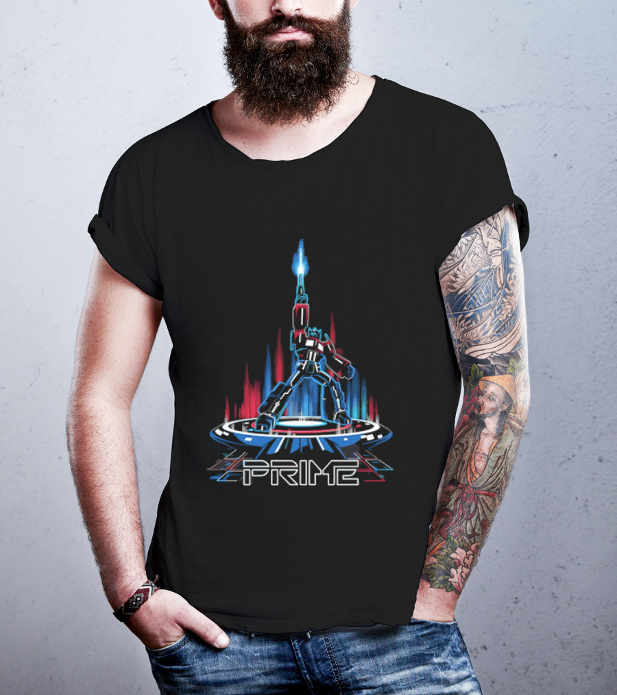 Prime Neon Robot Raising Glowing Light Beam Circular Platform T-Shirt