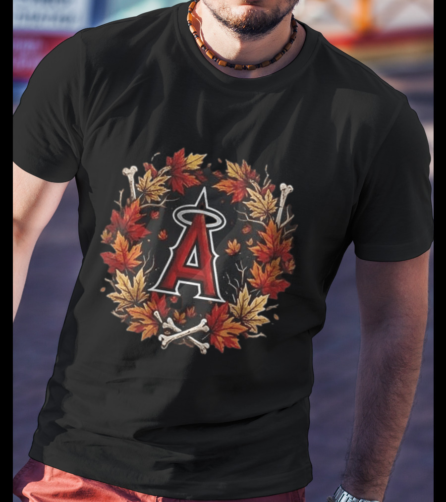 Los Angeles Angels Maple Leaves Skull Crossed Bats Baseballs Halloween T-Shirt