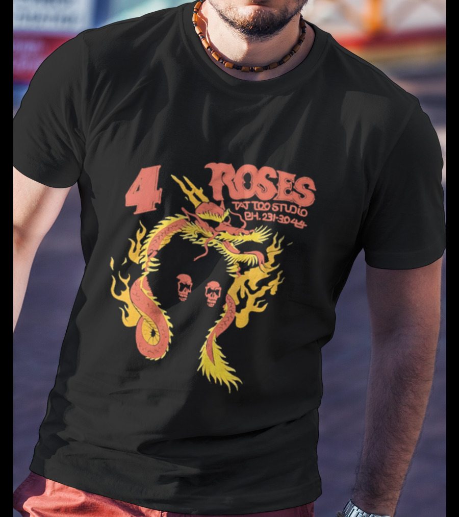 4 Roses Tattoo Studio Ph 231 3044 Dragon Yellow Flames Red Skulls T-Shirt