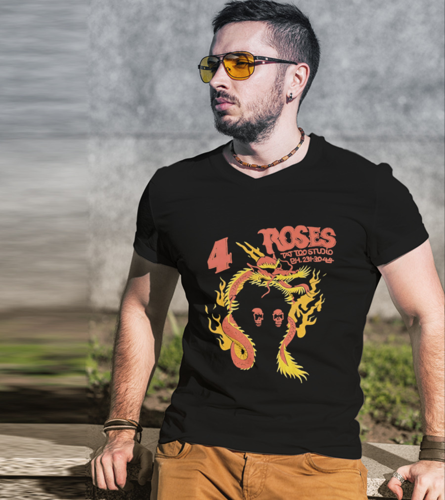 4 Roses Tattoo Studio Ph 231 3044 Dragon Yellow Flames Red Skulls T-Shirt